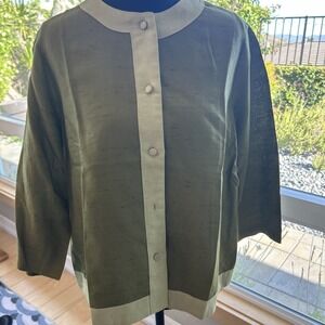 Vintage 80's Oleg Cassini Womens M Button Up Green Blouse Classic‎ Career Casual